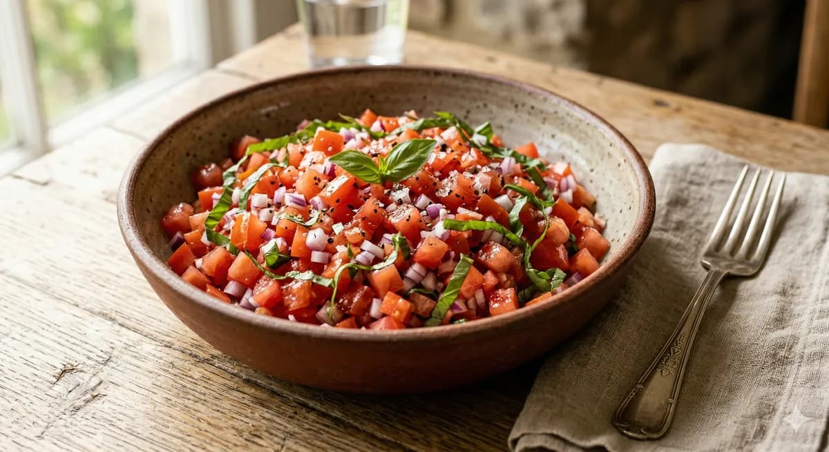 Klassischer Tomatensalat mit Zwiebeln und Basilikum (Gewürfelt)